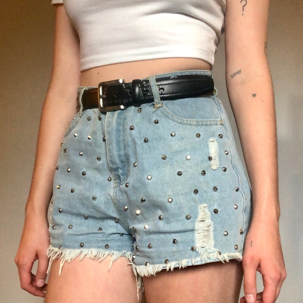high waisted studded and distressed denim shorts